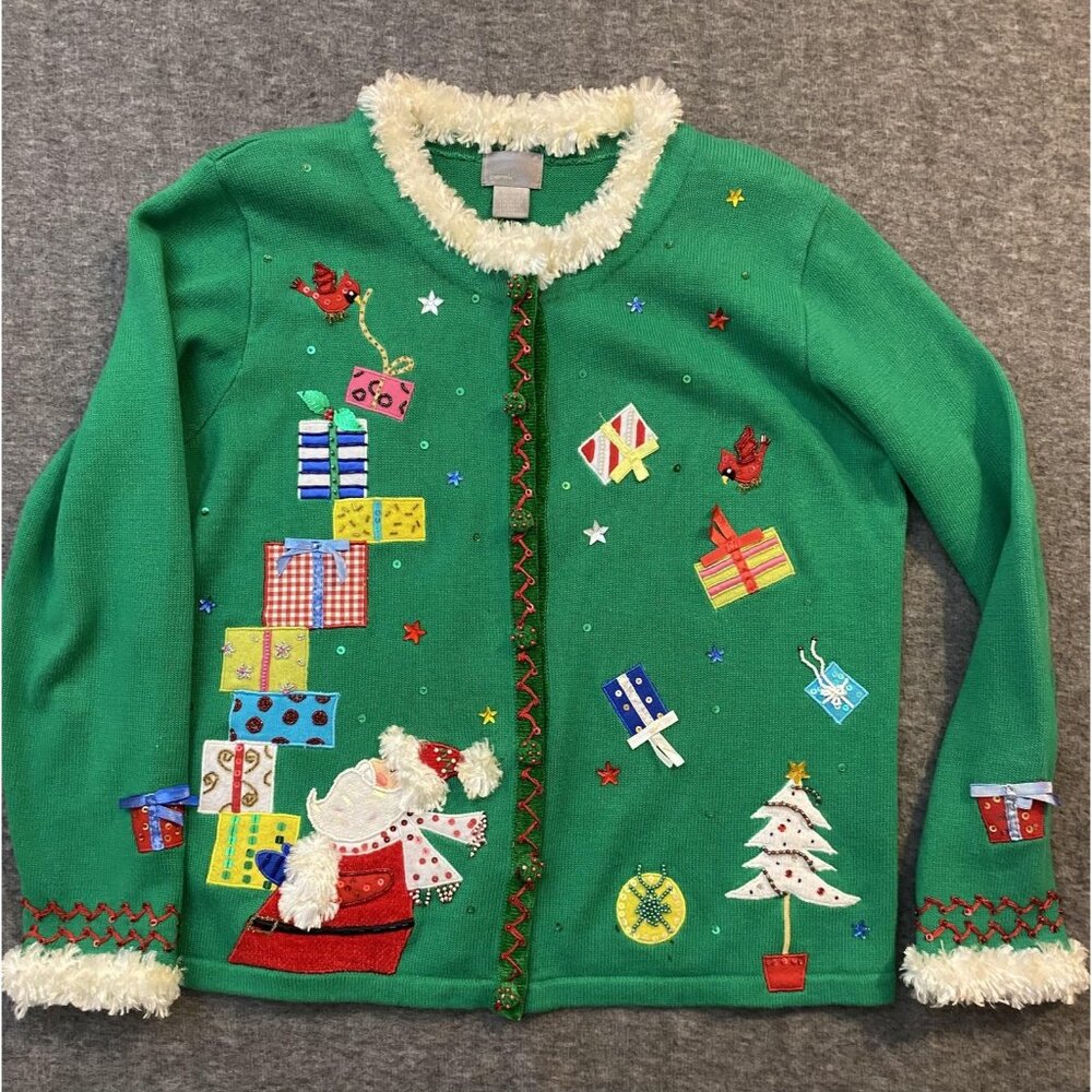 Berek Cardigan Sweater Womens Medium Green Santa Christmas Tree Beaded Ugly‎